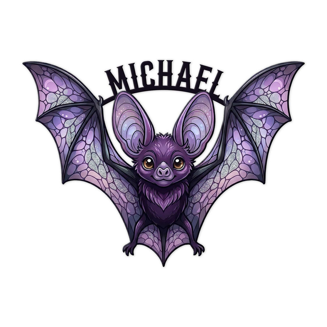 Purple bat metal sign featuring a cute wide-winged bat with intricate stained-glass style wing details