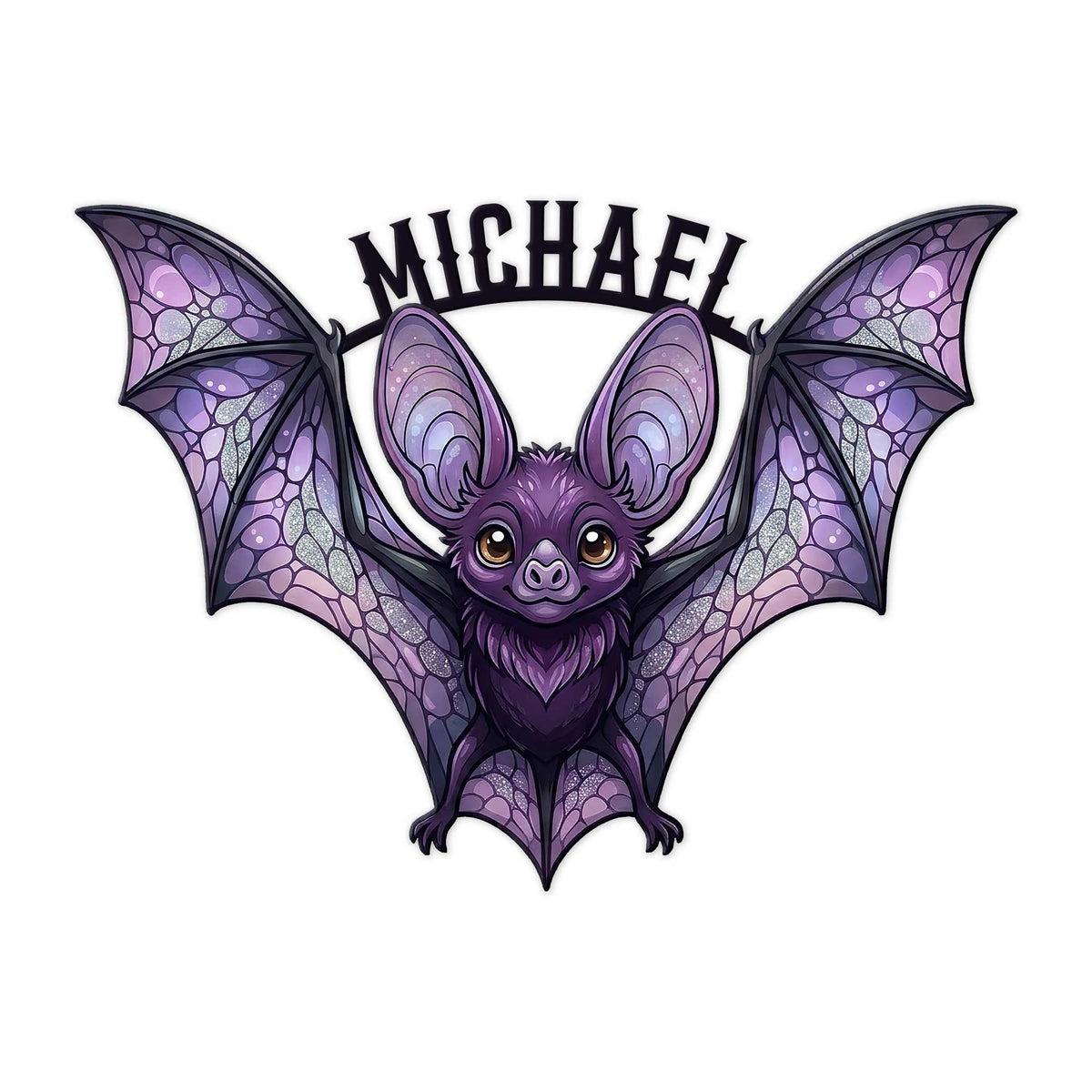 Purple bat metal sign featuring a cute wide-winged bat with intricate stained-glass style wing details