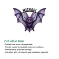 Purple bat cut metal sign shown with a product feature graphic and wide decorative wings