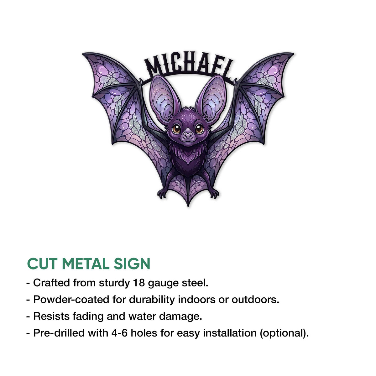 Purple bat cut metal sign shown with a product feature graphic and wide decorative wings