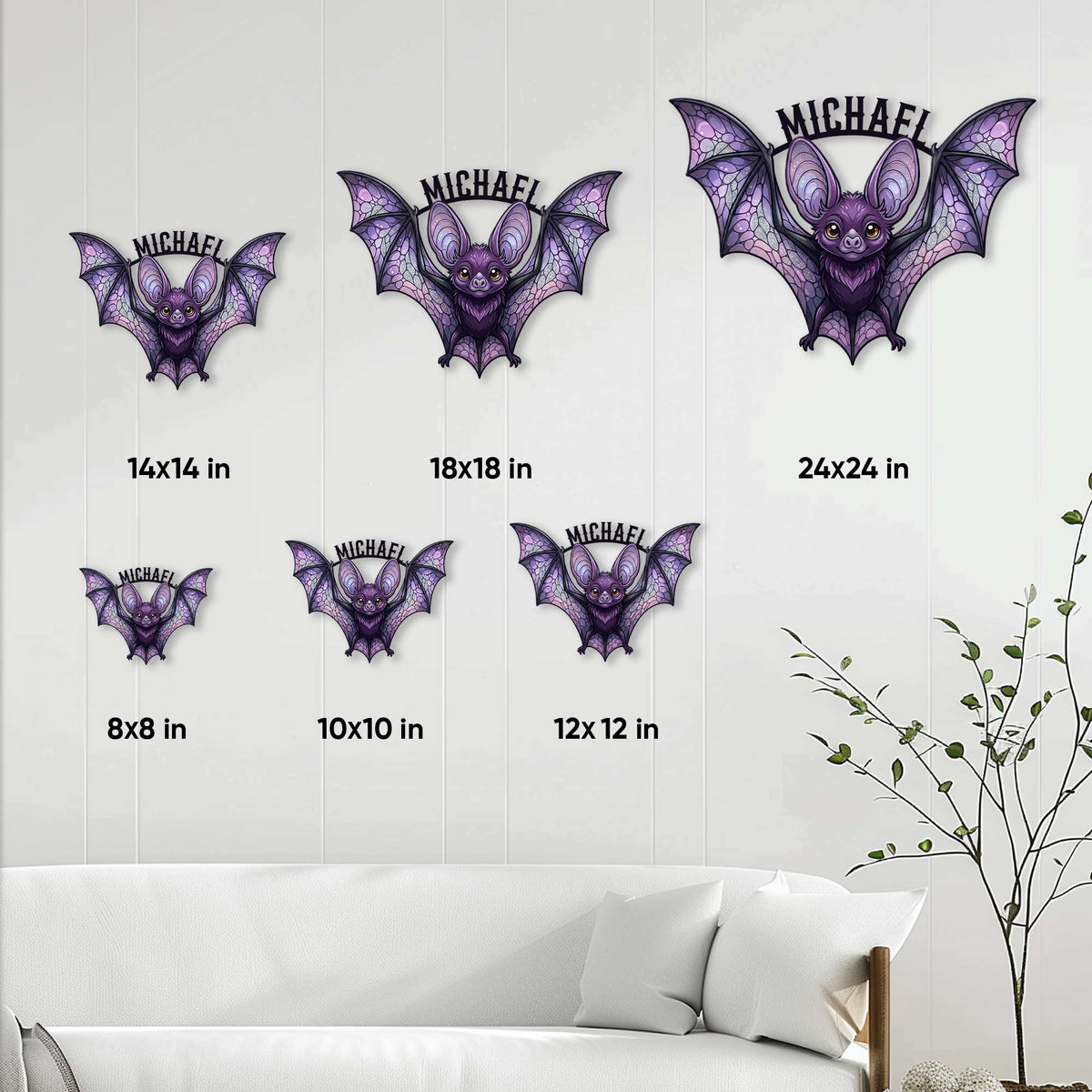Bat metal sign size guide showing multiple display sizes from 8x8 inches to 24x24 inches