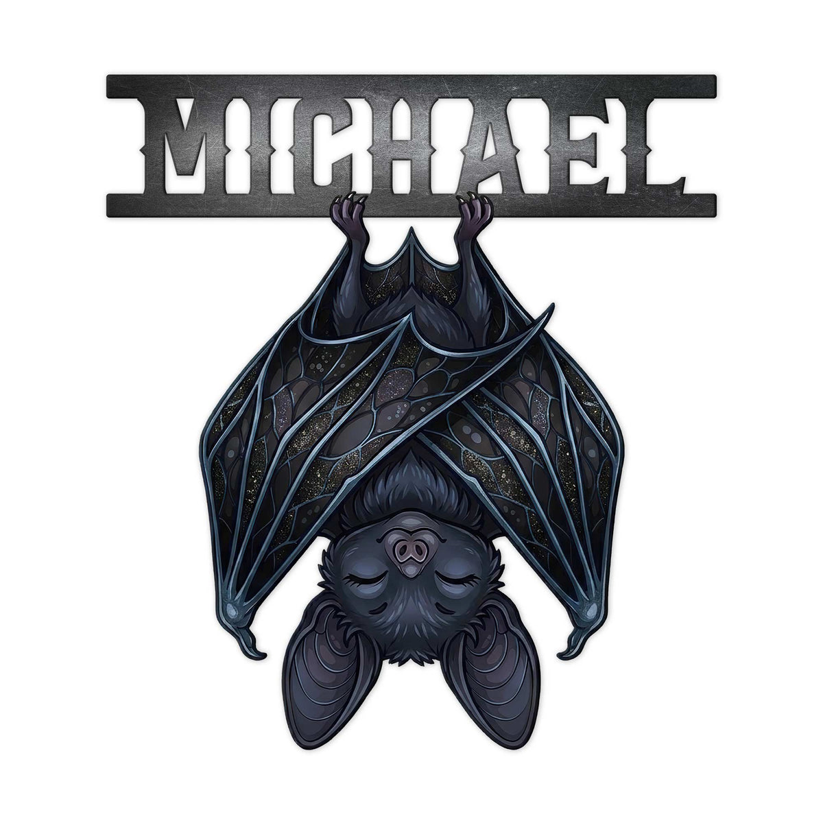 Gothic bat metal sign with wide patterned wings and a dark bat illustration beneath a bold horizontal header