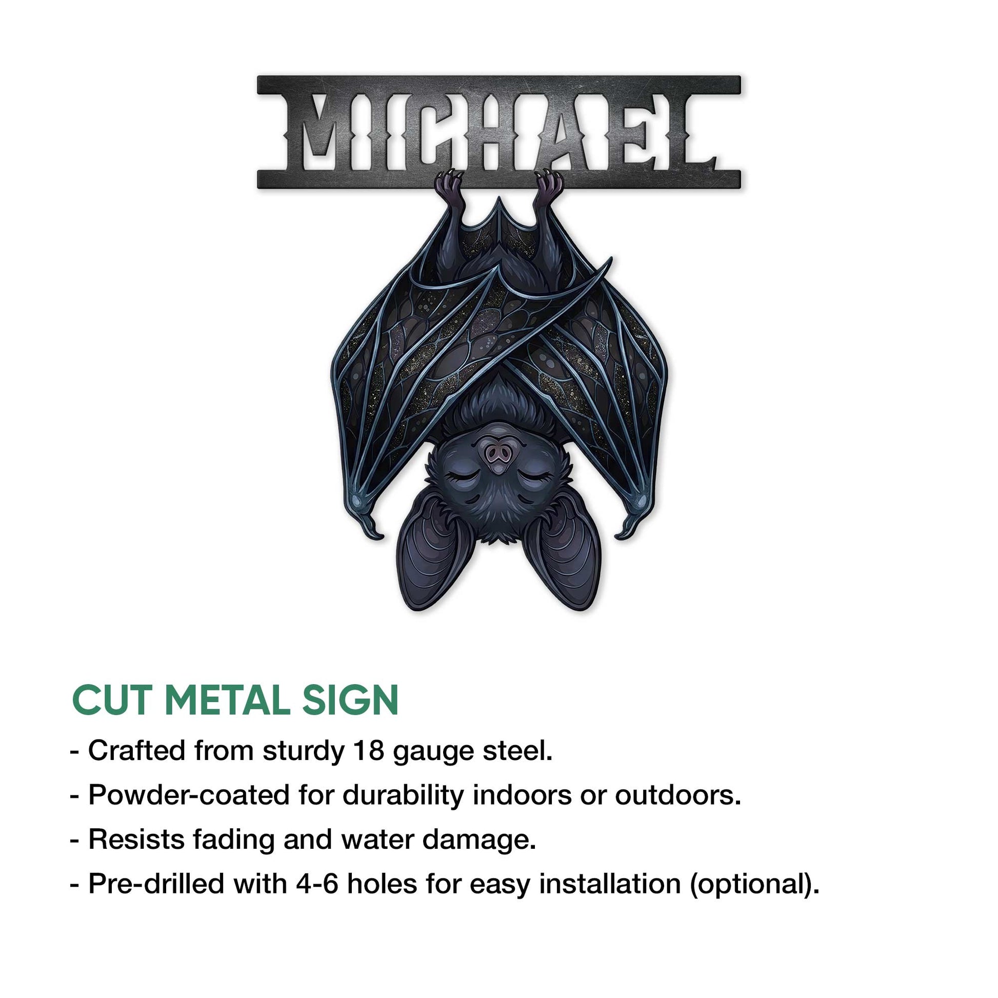 Bat metal sign feature graphic showing the cut design with indoor and outdoor display information