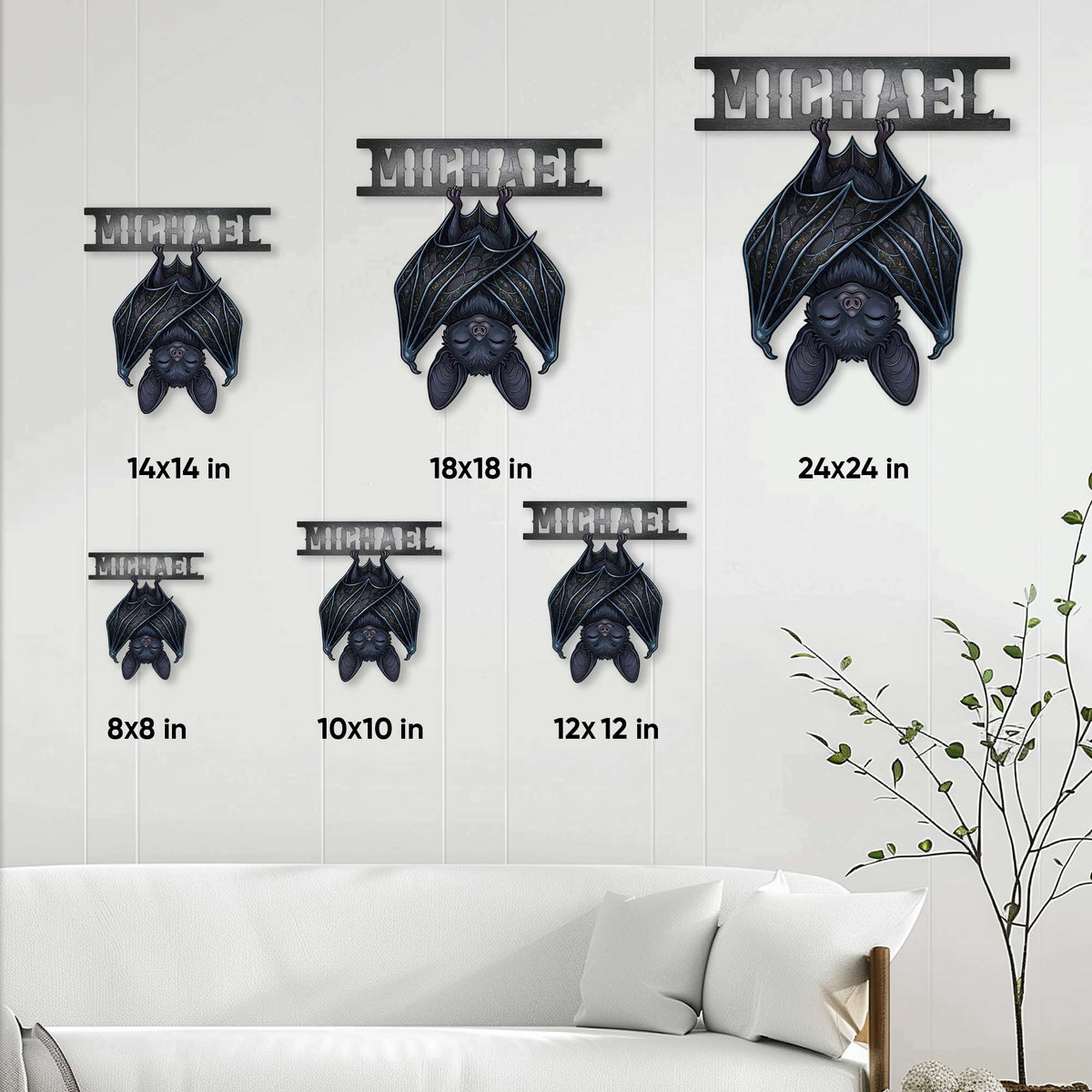Bat metal sign size guide showing available square sizes from 8 by 8 inches to 24 by 24 inches