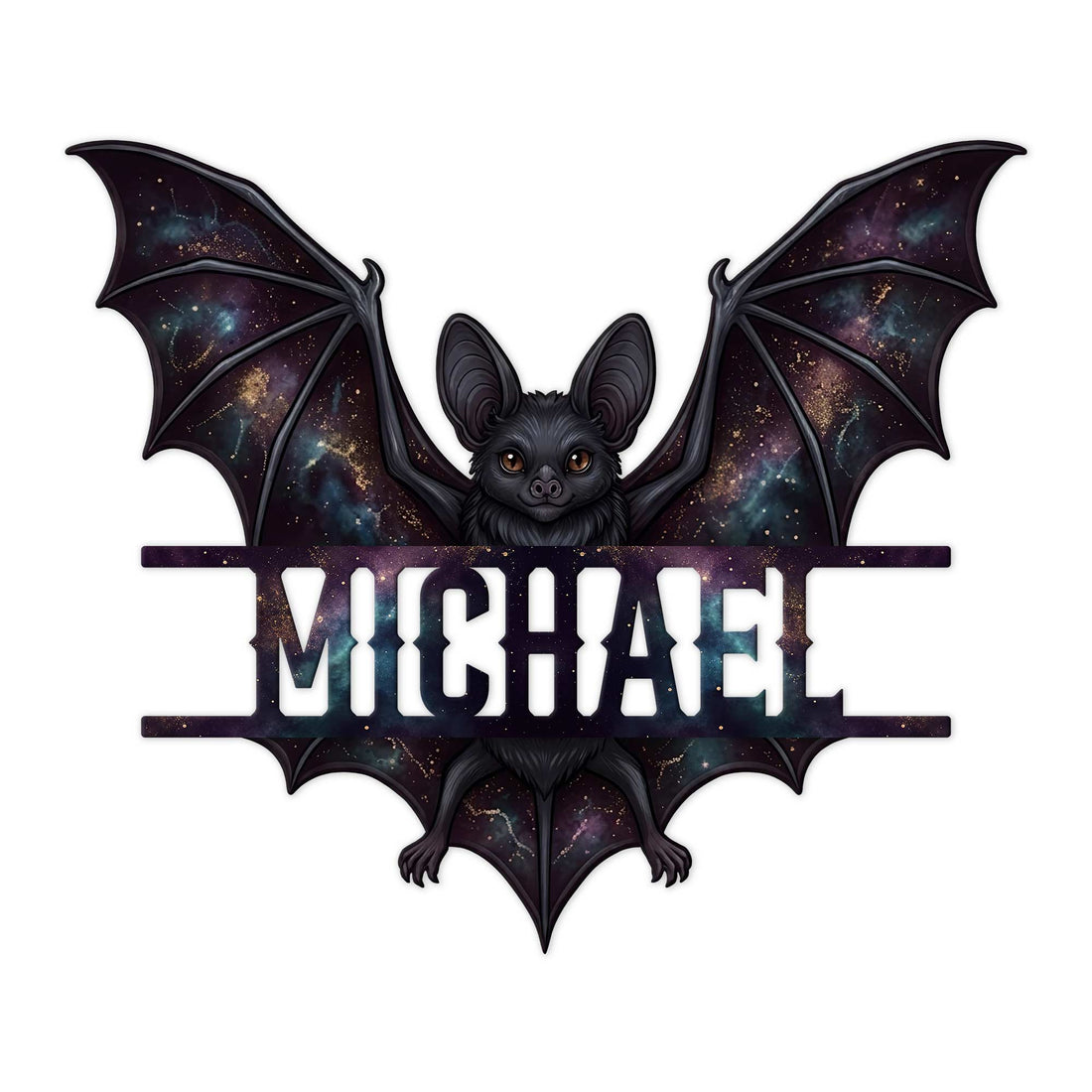 Cosmic bat metal sign featuring a black bat with galaxy-patterned wings and bold decorative lettering