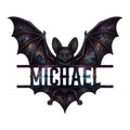 Cosmic bat metal sign featuring a black bat with galaxy-patterned wings and bold decorative lettering