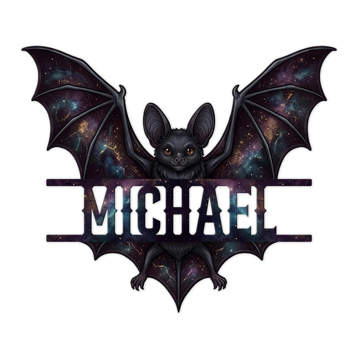 Cosmic bat metal sign featuring a black bat with galaxy-patterned wings and bold decorative lettering