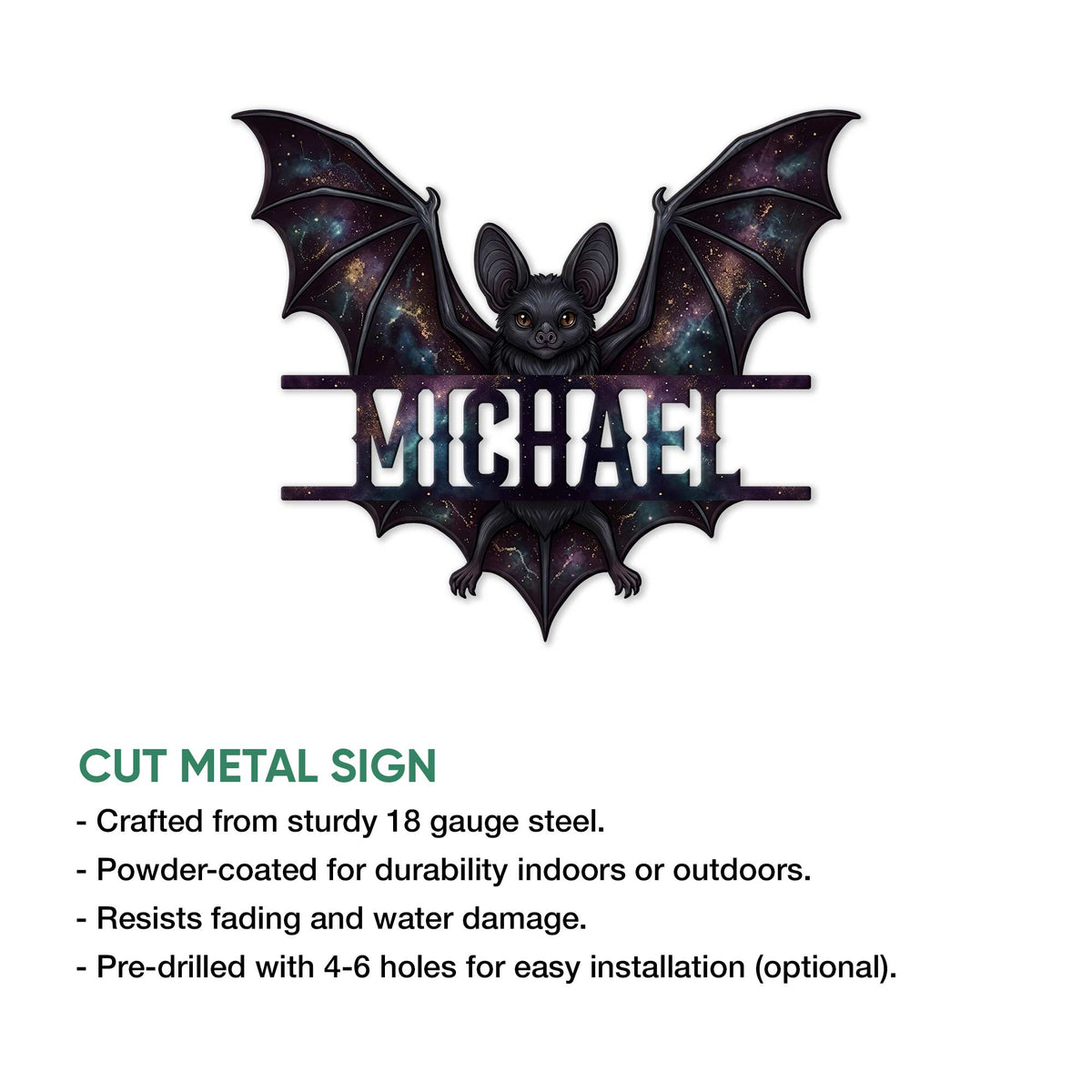 Bat metal sign feature graphic showing the galaxy-winged bat design and cut metal sign presentation