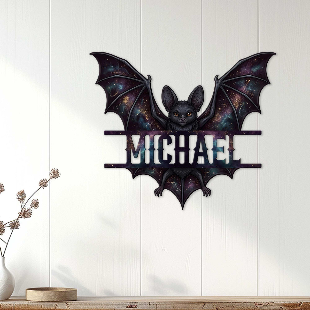 Galaxy bat wall sign displayed on a white paneled wall in a contemporary home setting