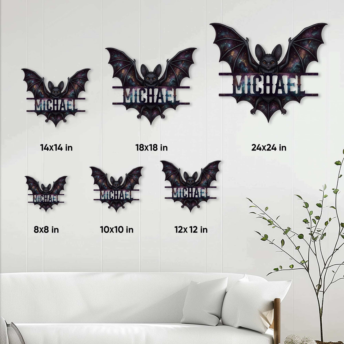 Bat metal sign size guide showing display options from 8 by 8 inches to 24 by 24 inches