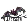 Custom bat metal sign featuring a purple bat flying over a branch with hanging letters