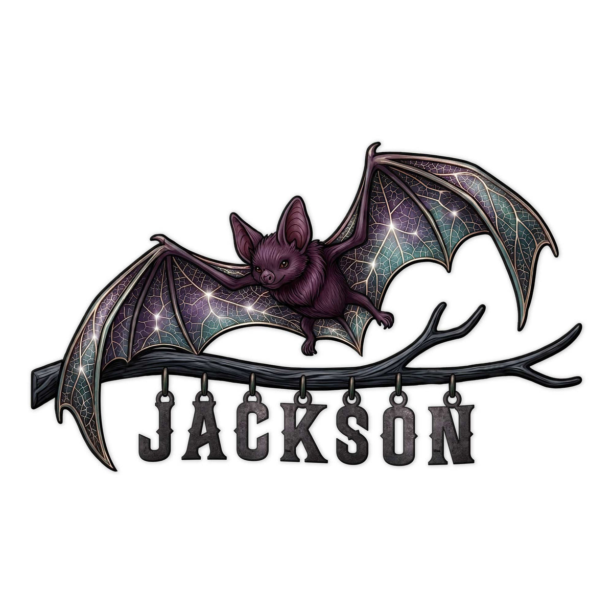 Custom bat metal sign featuring a purple bat flying over a branch with hanging letters