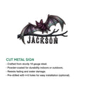 Bat metal sign feature graphic showing the flying bat branch design and cut metal construction