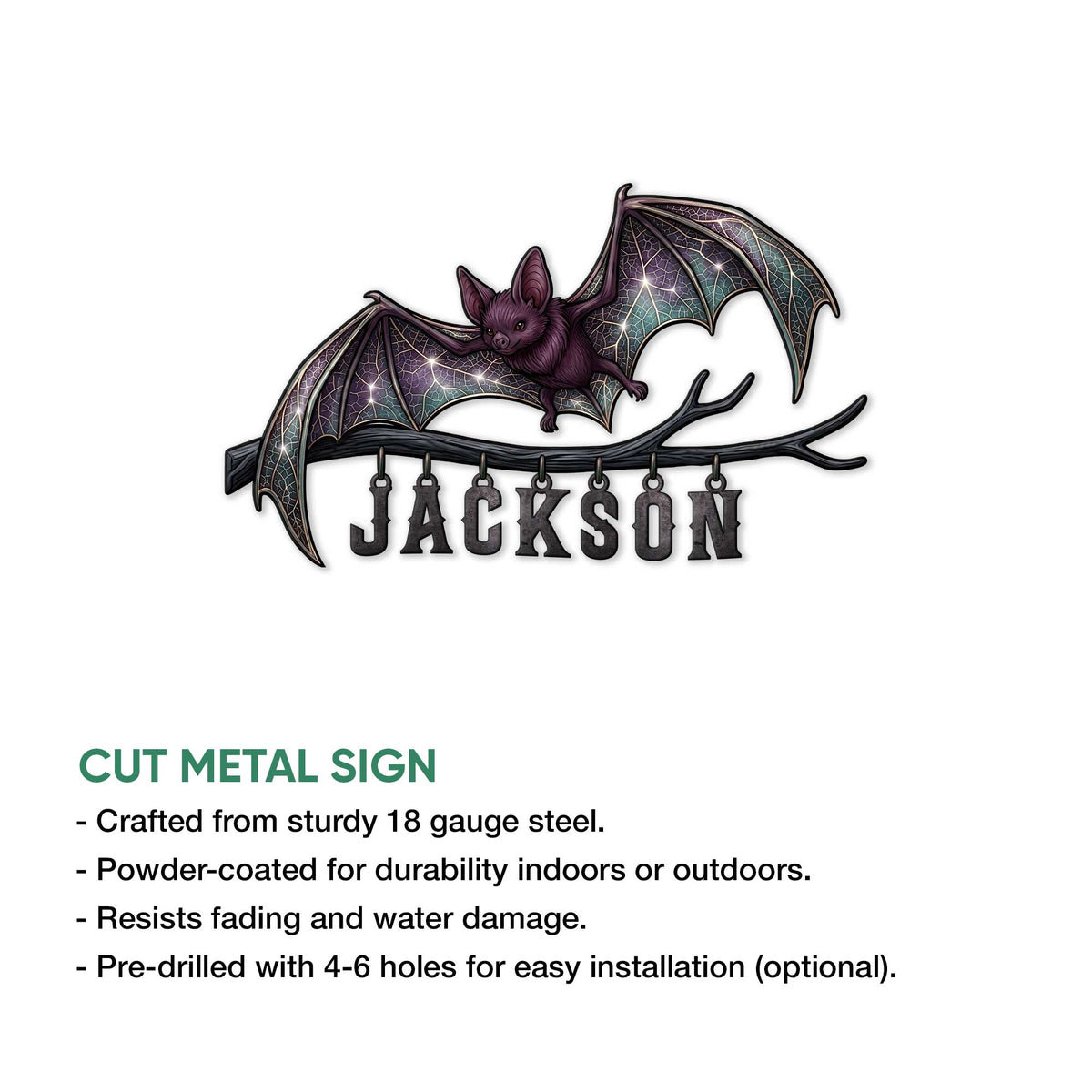 Bat metal sign feature graphic showing the flying bat branch design and cut metal construction