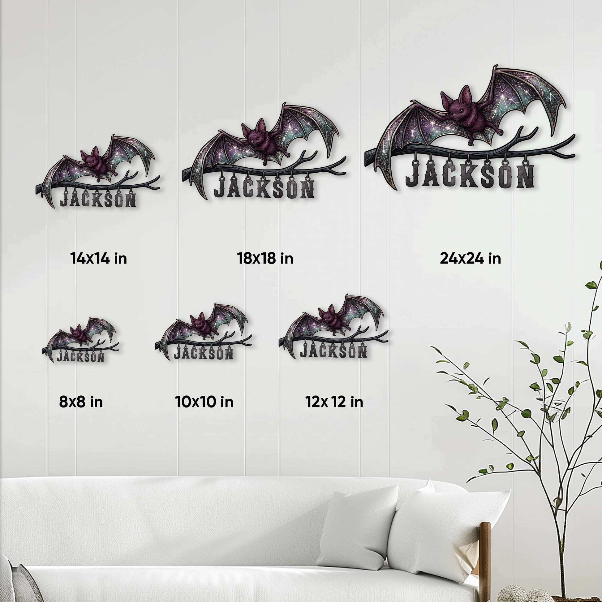 Bat metal sign size guide showing six available square sizes in a living room setting