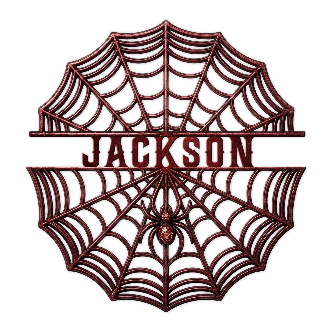 Decorative spider web metal sign featuring a centered spider and open web silhouette in a dark red finish