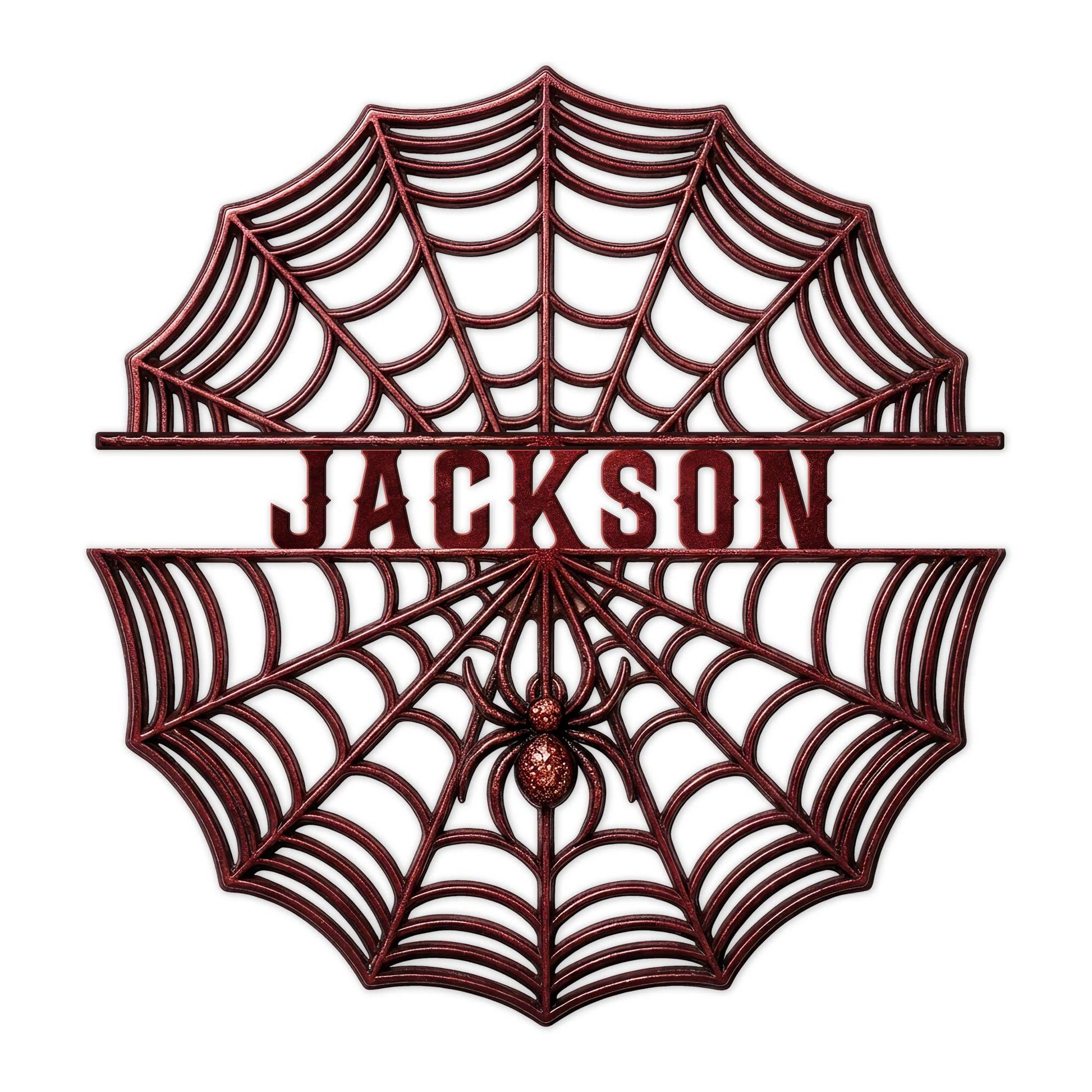 Decorative spider web metal sign featuring a centered spider and open web silhouette in a dark red finish