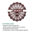 Cut-metal spider web sign shown in a product feature graphic with a centered spider design