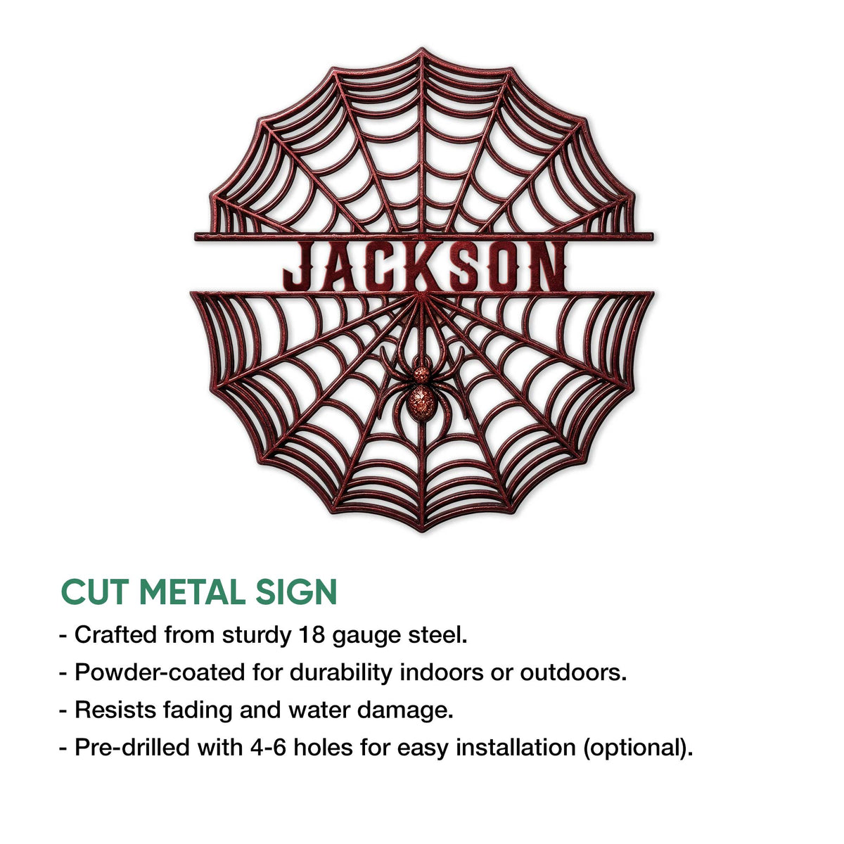 Cut-metal spider web sign shown in a product feature graphic with a centered spider design