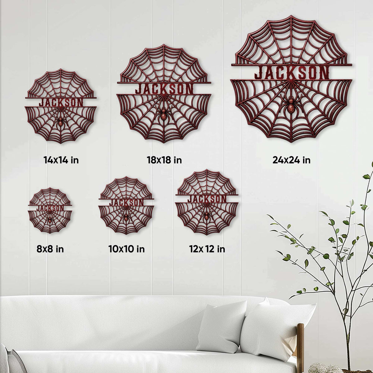 Spider web metal sign size guide showing available square sizes from 8 by 8 to 24 by 24 inches