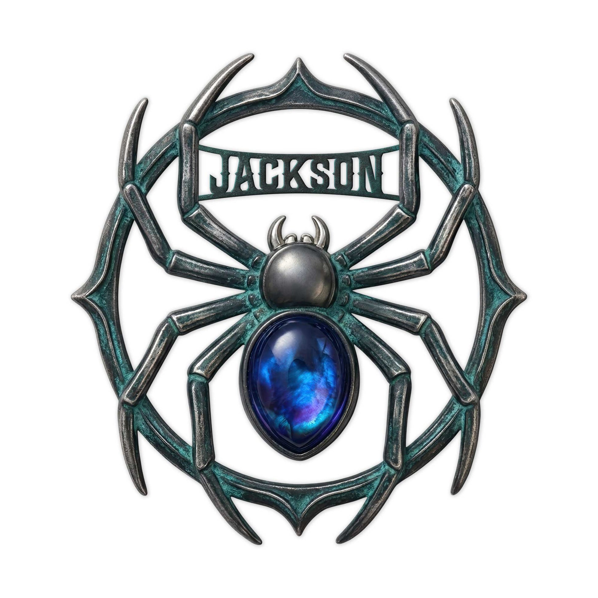 Custom spider metal sign featuring an ornate teal-and-black spider with a vivid blue jewel-like body