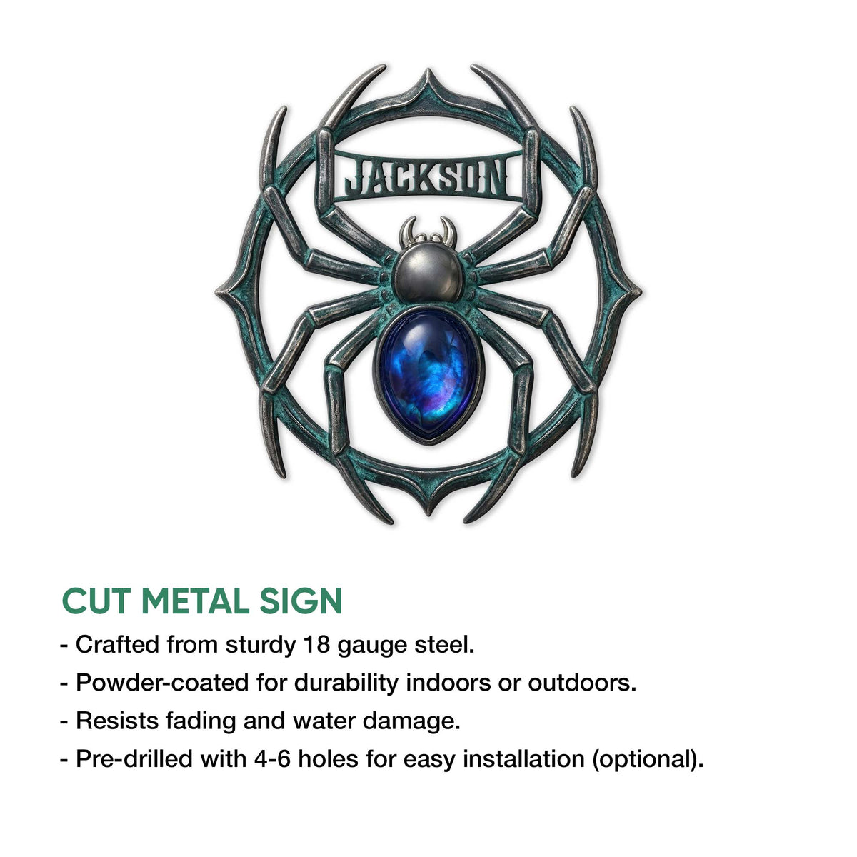 Cut metal spider sign feature graphic showing the ornate arachnid wall decor design