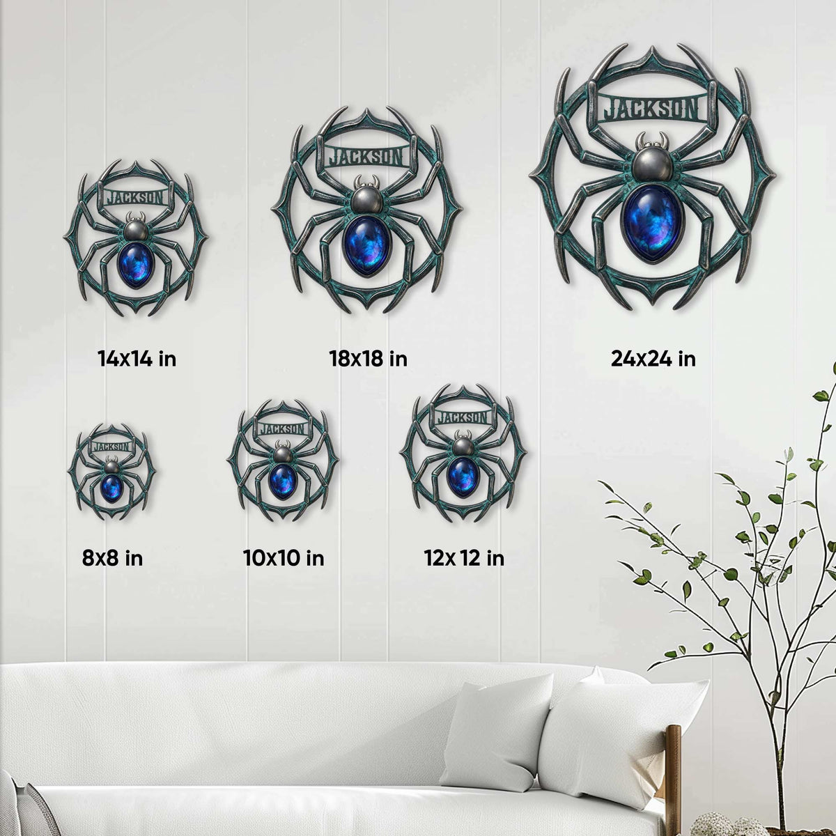 Spider metal sign size guide showing 8x8, 10x10, 12x12, 14x14, 18x18, and 24x24 inch options