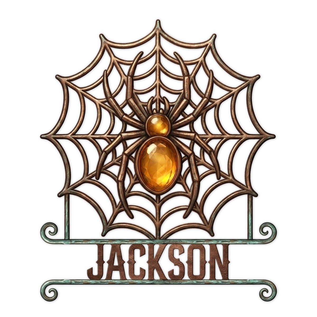 Close-up of a decorative spider with amber accents centered in an ornate spider web metal sign
