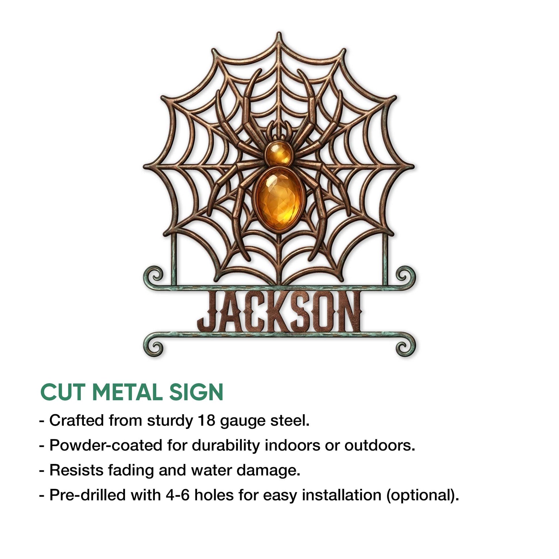 Cut-metal spider sign featuring a detailed web design, jeweled amber body, and curled lower frame
