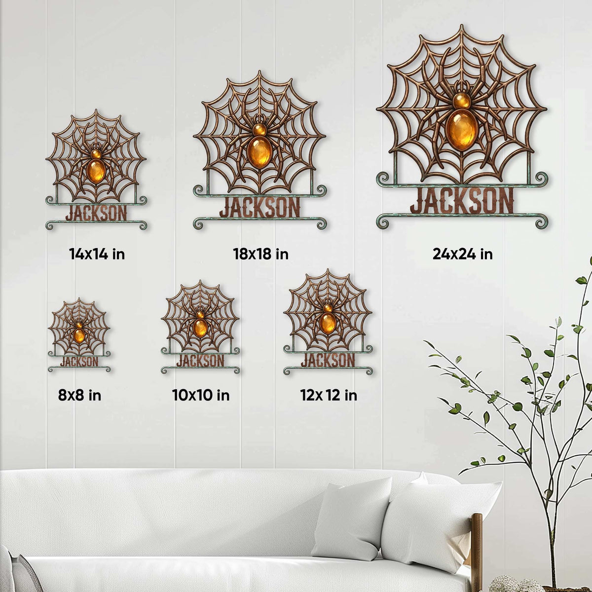 Spider metal sign size guide showing available square sizes from 8 by 8 to 24 by 24 inches