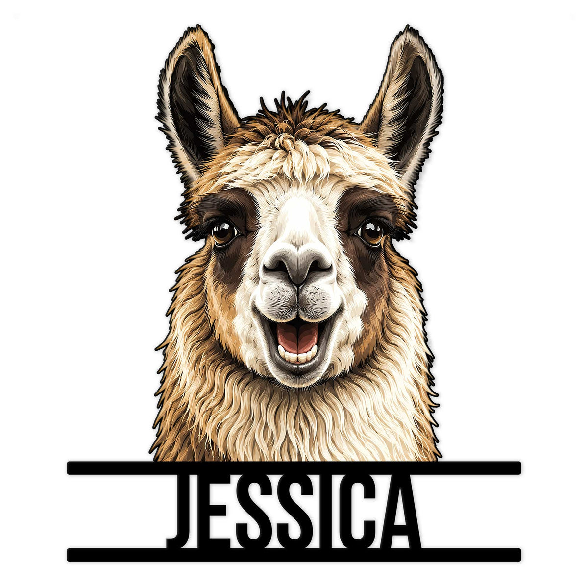 Detailed llama portrait metal sign with a cheerful expression and decorative horizontal name-style bars