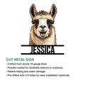 Llama metal sign product graphic showing the smiling animal portrait and cut metal sign presentation