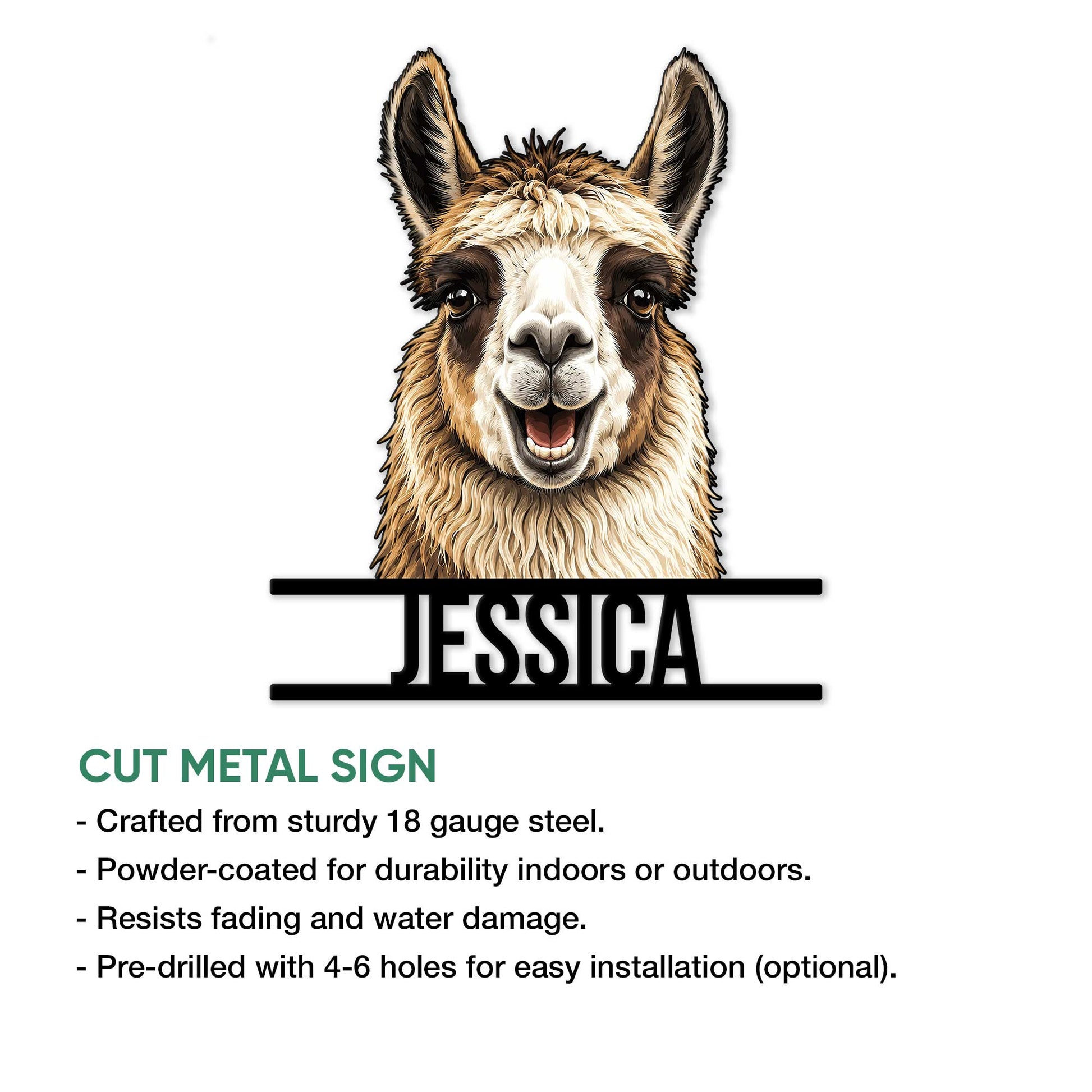 Llama metal sign product graphic showing the smiling animal portrait and cut metal sign presentation