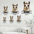 Llama metal sign size guide showing multiple square size options in a bright living room setting