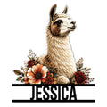 Custom llama metal sign featuring a detailed llama portrait framed by colorful flowers