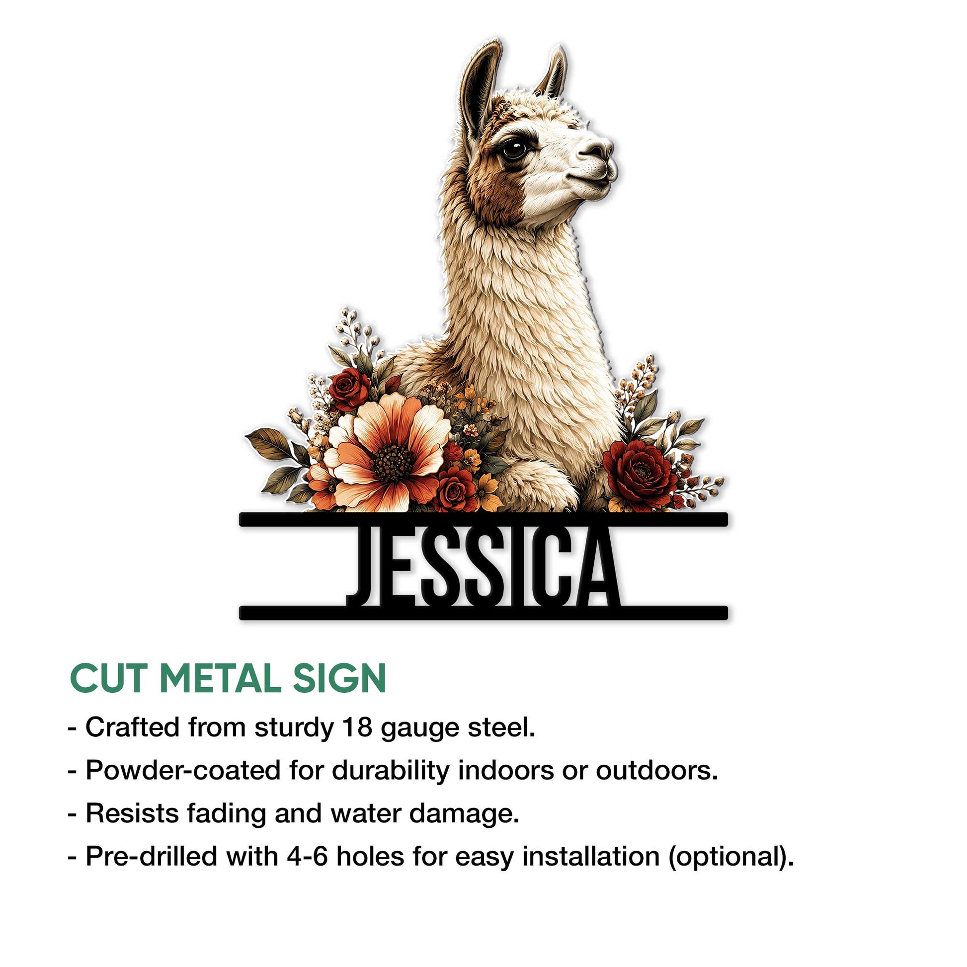 Floral llama metal sign product presentation with a cut-steel design and decorative flower accents