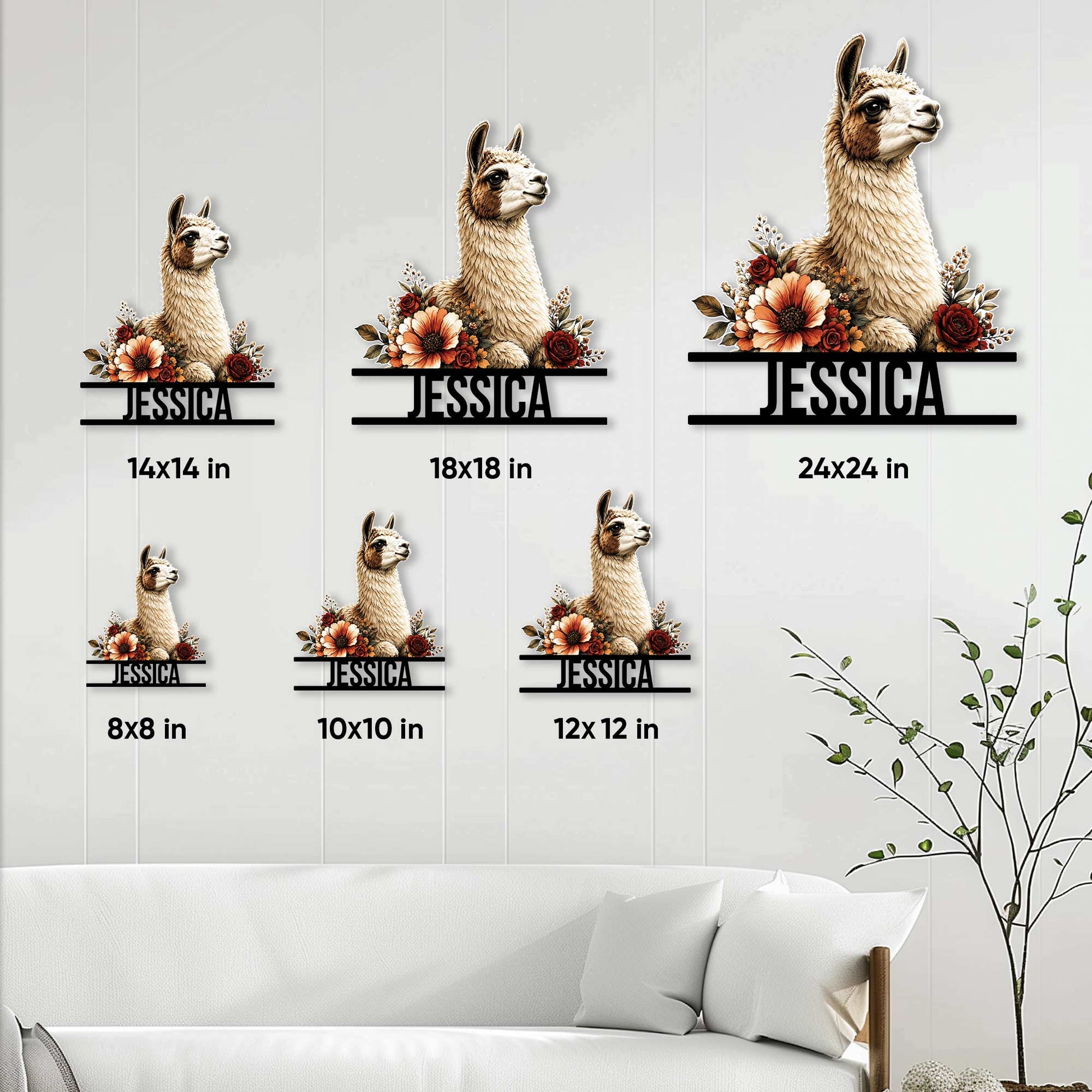 Llama metal sign size guide showing six available square dimensions from 8x8 to 24x24 inches