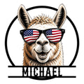 Patriotic llama metal sign featuring a smiling llama wearing American flag sunglasses