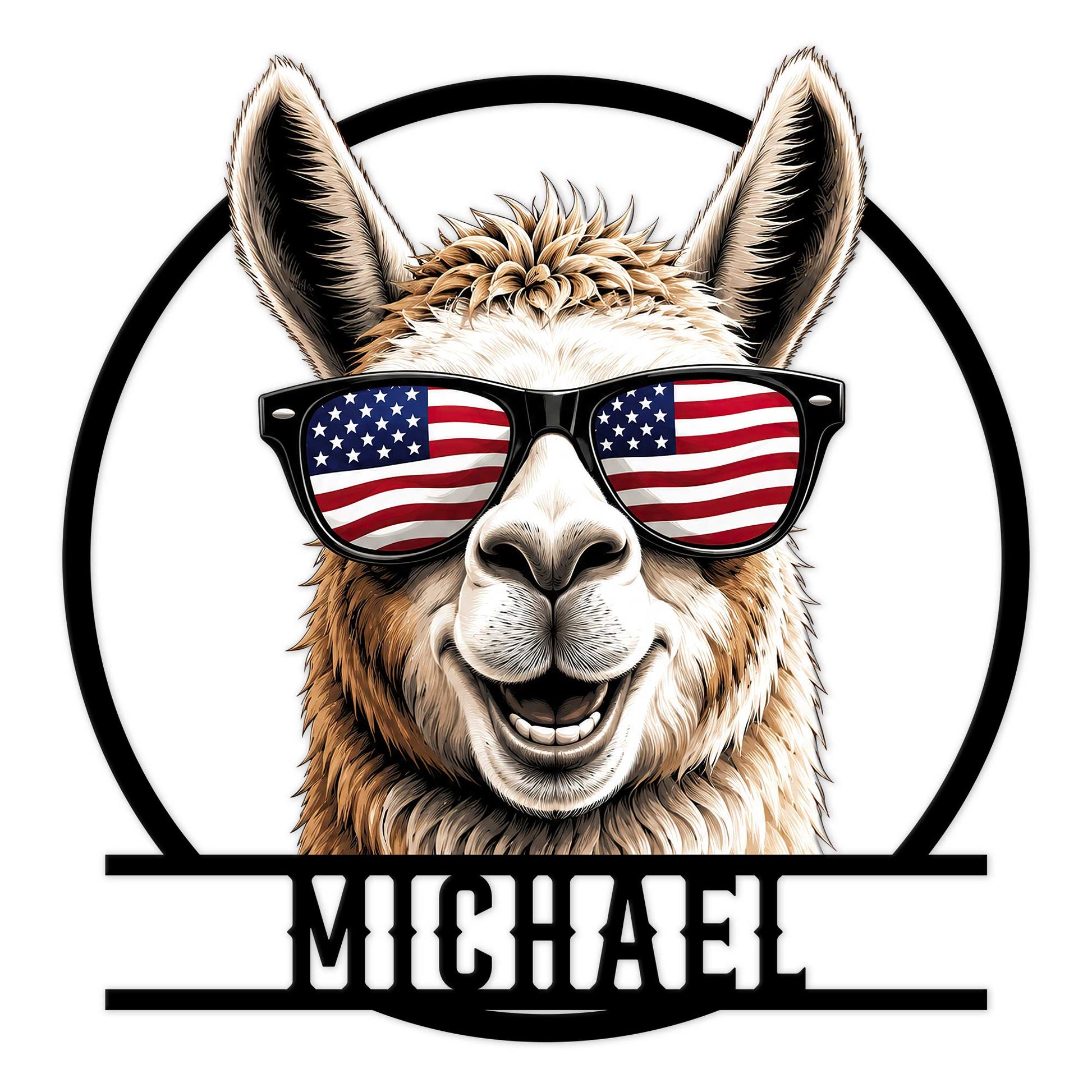Patriotic llama metal sign featuring a smiling llama wearing American flag sunglasses