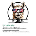 Patriotic llama cut metal sign shown with product feature information and mounting options