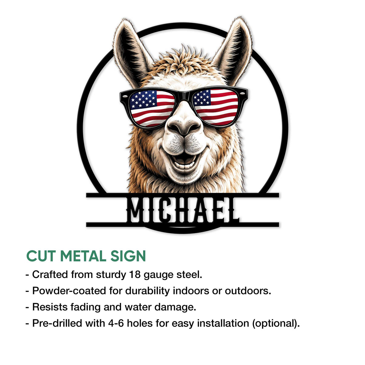 Patriotic llama cut metal sign shown with product feature information and mounting options