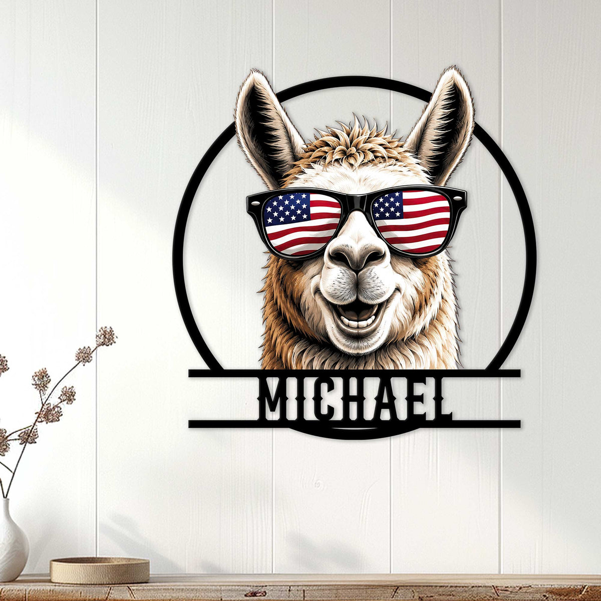 Patriotic llama wall sign displayed on a light wood-paneled wall in a home setting