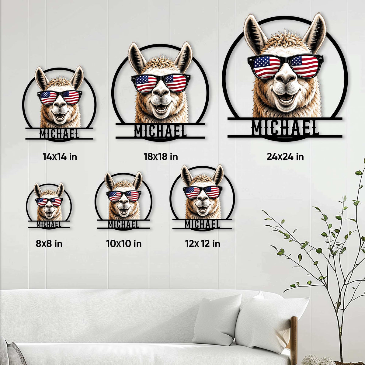 Patriotic llama metal sign size guide showing six available square size options