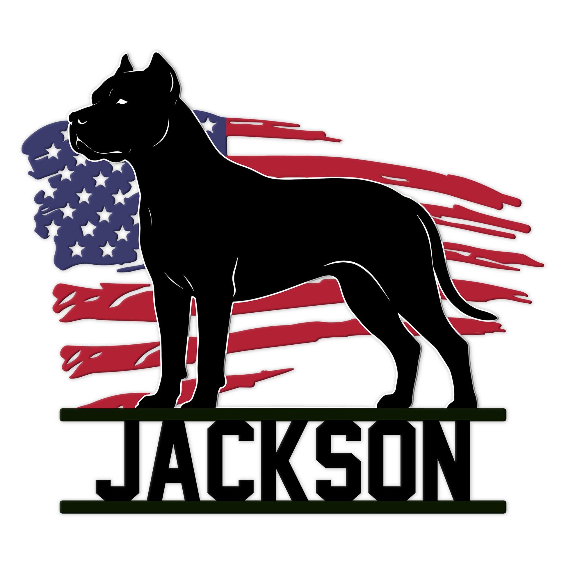 Dogo Argentino metal sign featuring a bold dog silhouette over a distressed American flag design