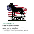 Dogo Argentino cut metal sign product graphic with an American flag backdrop and sturdy wall decor design