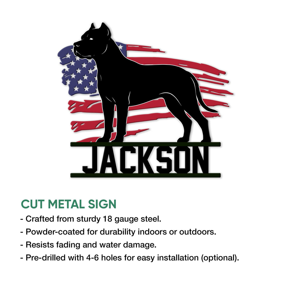 Dogo Argentino cut metal sign product graphic with an American flag backdrop and sturdy wall decor design