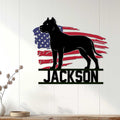 Dogo Argentino metal wall sign displayed on a light wood-paneled wall in a home decor setting