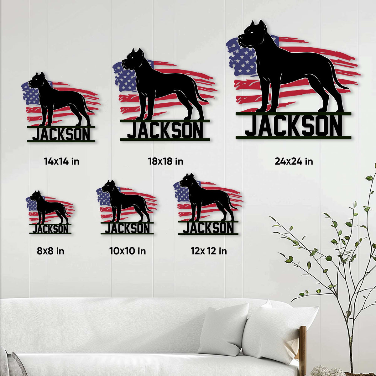 Dogo Argentino metal sign size guide showing available square sizes from 8x8 to 24x24 inches