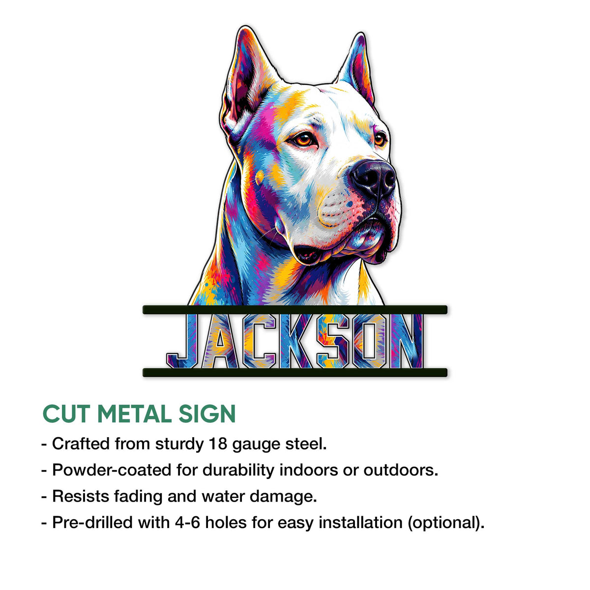 Dogo Argentino metal sign feature graphic showing the colorful dog portrait and cutout design