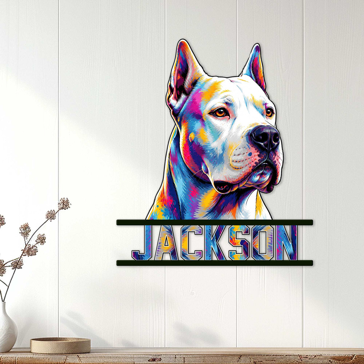 Colorful Dogo Argentino wall sign displayed on a light wood-paneled interior wall